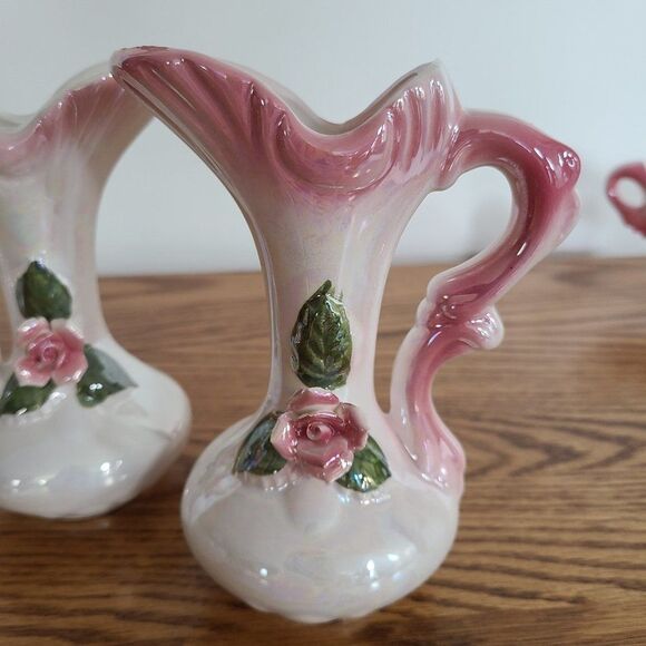 Three Piece Iridescent Lusterware Pink Bud Vase Set 3-D Capodimonte Flowers - Picture 11 of 15